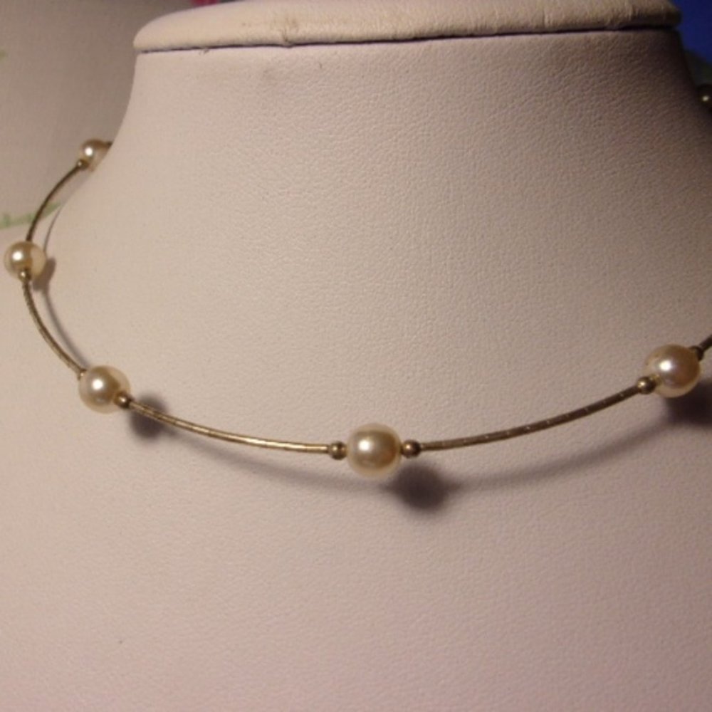 "Sterling Silver Faux Pearl Wrap Choker Necklace "